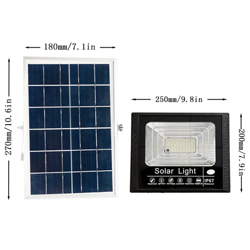 J-100 solar flood light dimension drawing, size specification diagram